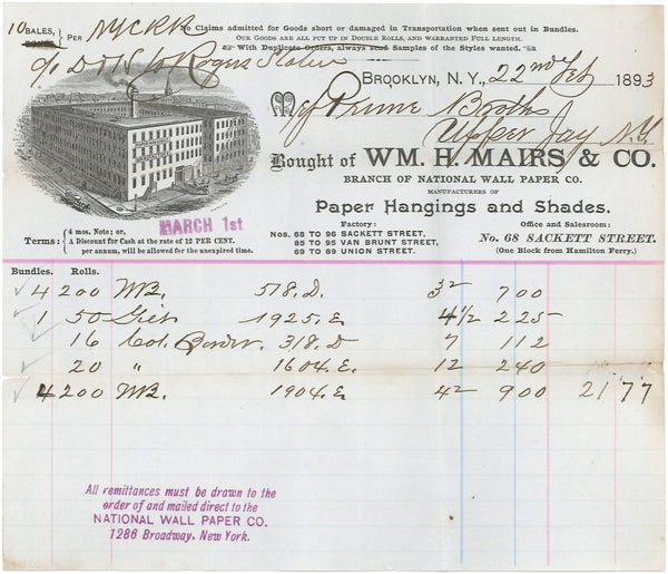 1893 Wm. H. Mairs & Company Billhead