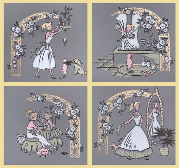 Charming Dressing Room Scene - Polyptych - Mounted Vintage Wallpaper Panels