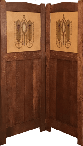 New Arts & Crafts Folding Screen with Antique Wallpaper Panels - Tooled “Leather” Peacock Feather Ornament