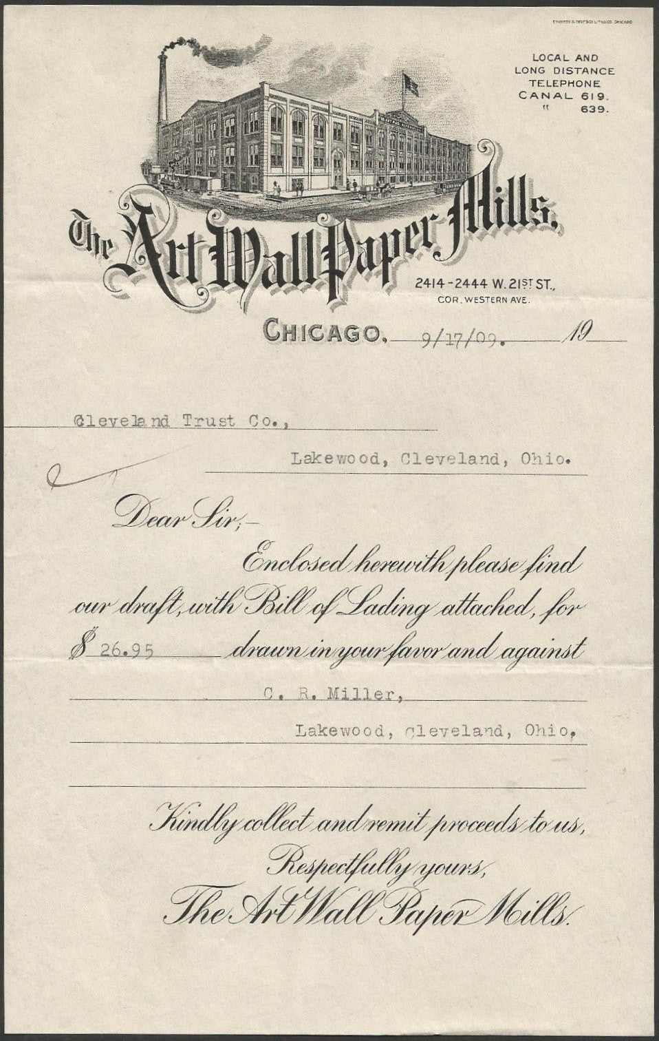 1909 Art Wall Paper Mills Letterhead