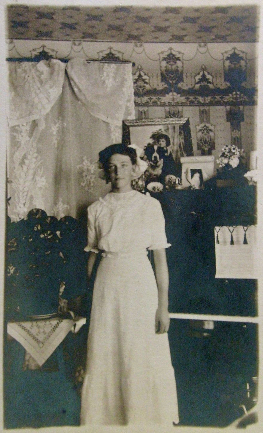 Woman in Front of Piano with Wallpaper