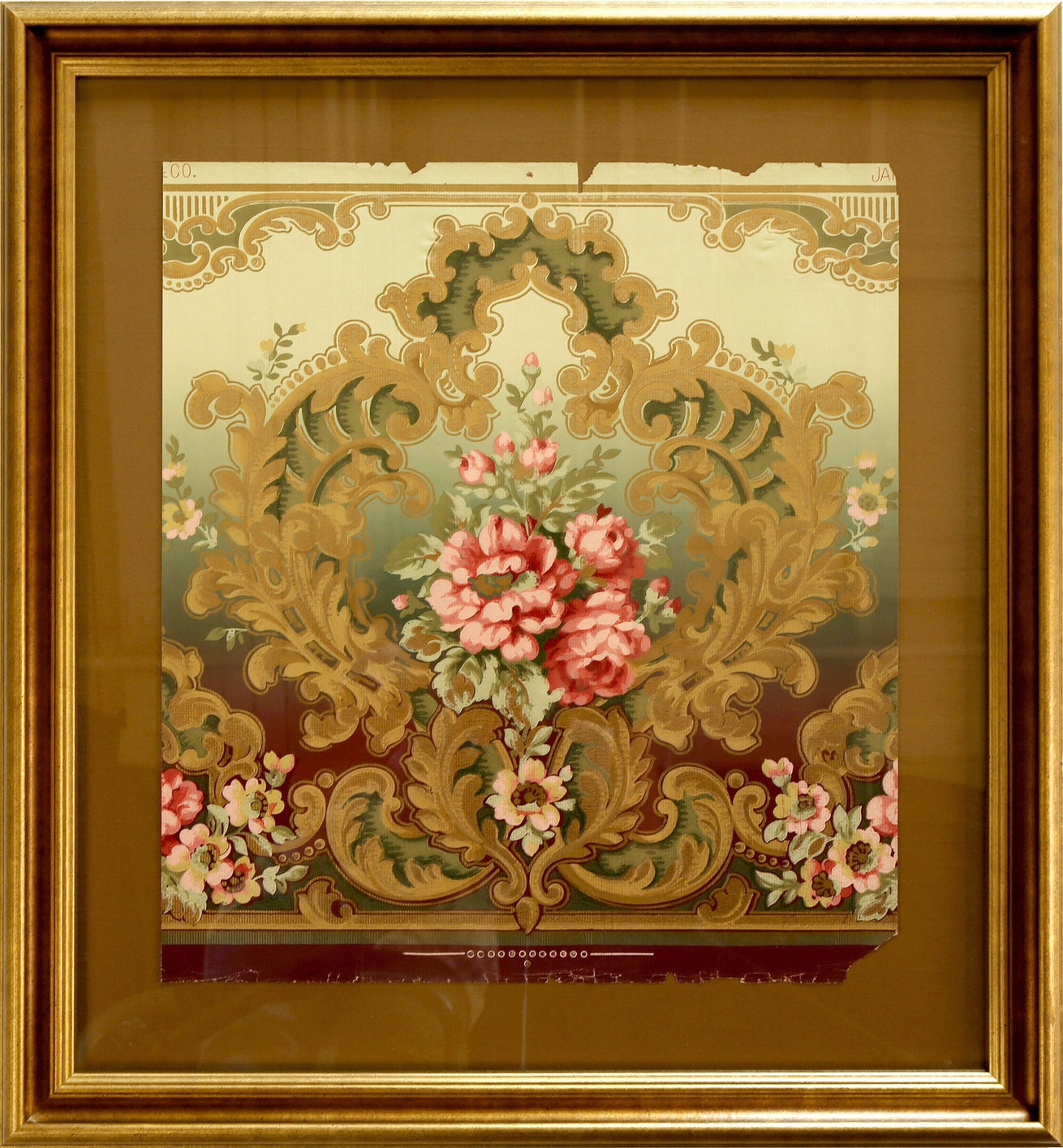 Embossed Gilt Rococo Floral Frieze - Framed Antique Wallpaper Art
