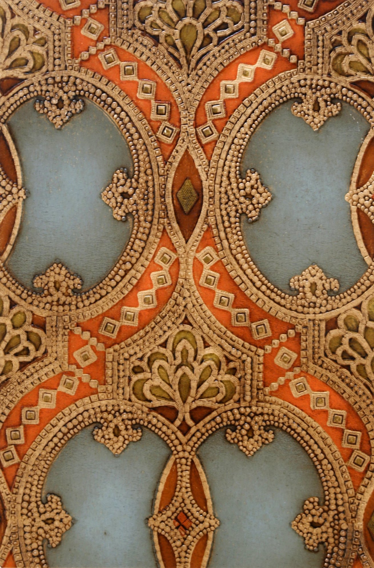 Tooled Double-Oval "Leather" Sidewall - Mounted Antique Wallpaper Panel