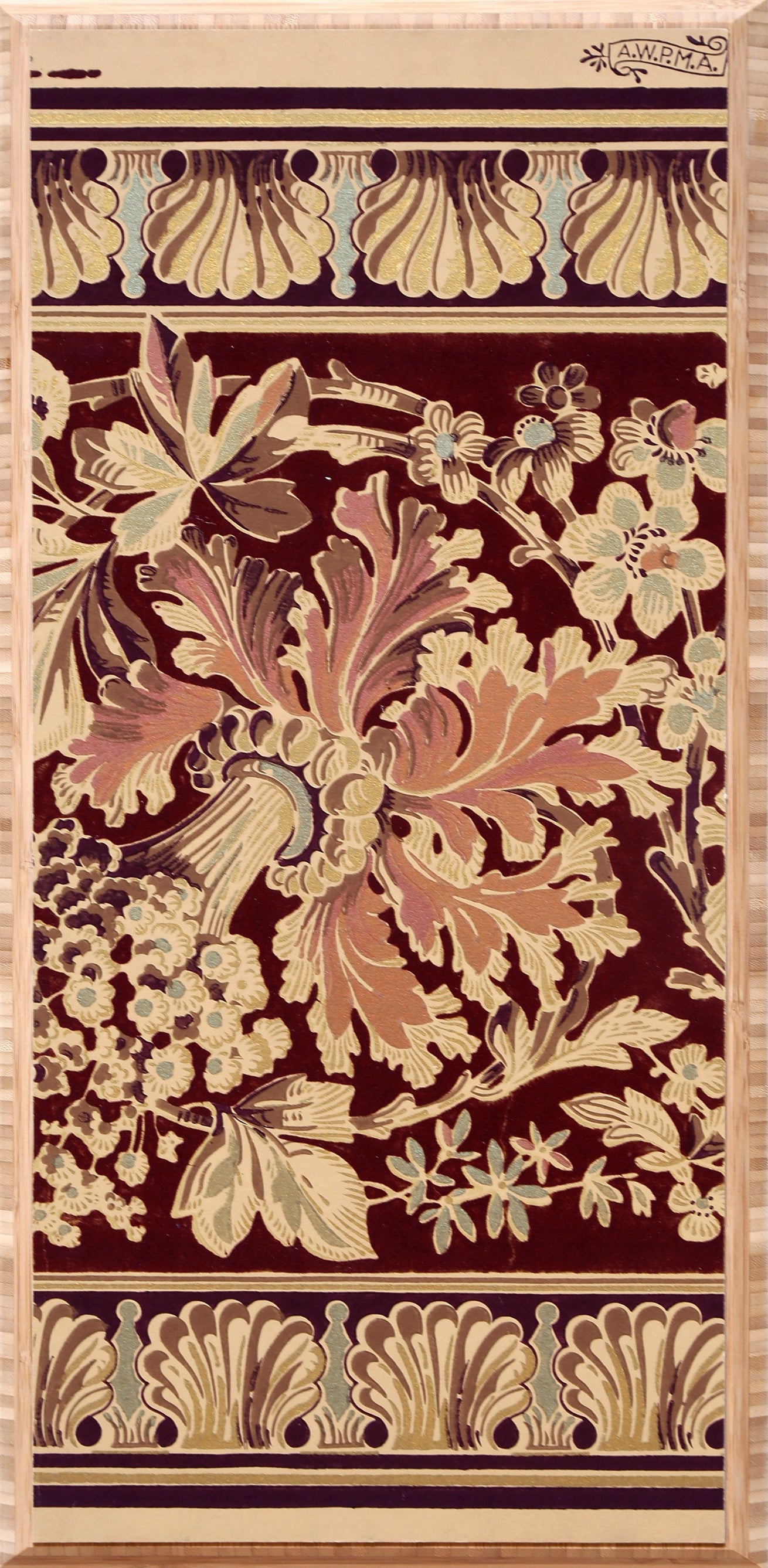 Gilt & Flocked Floral Metallic Border - Mounted Antique Wallpaper Panel