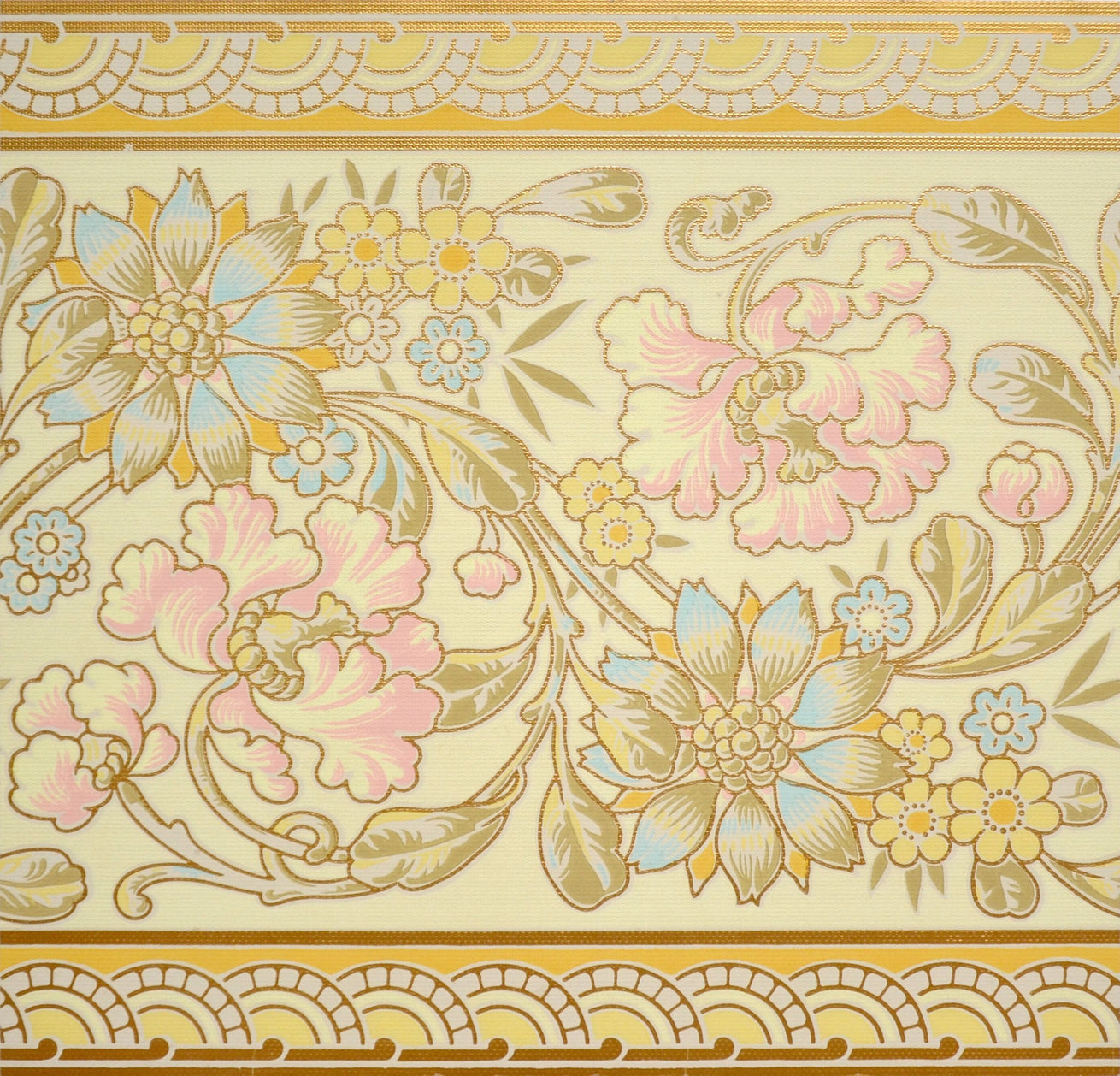 Large Pink/Blue Floral with Gilt Border - Mounted Antique Wallpaper Panel - Sold