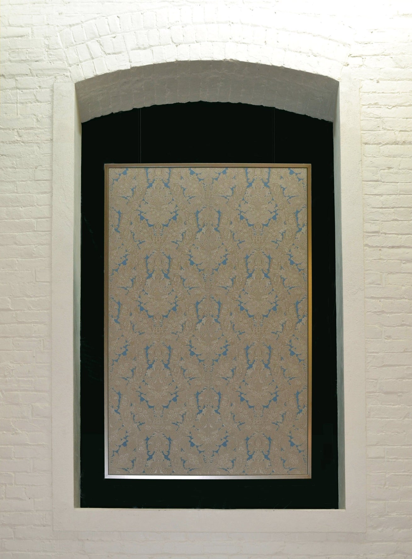 Silver & Blue Tooled “Leather” Sidewall - Framed Antique Wallpaper Art