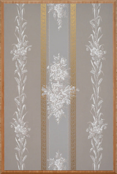 Flowers and Wheat on Gilt Grey Stripes - Mounted Antique Wallpaper Panel