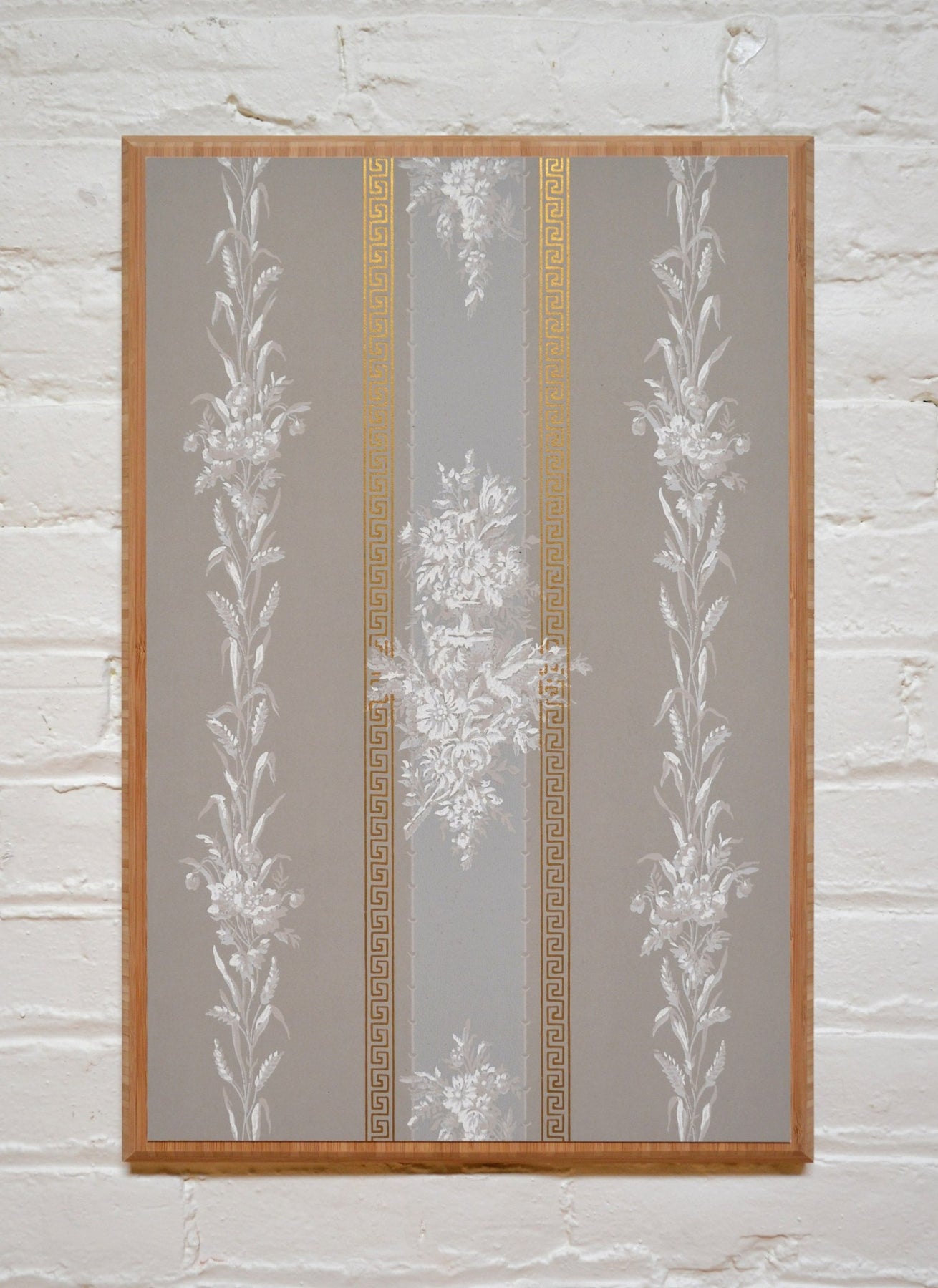 Flowers and Wheat on Gilt Grey Stripes - Mounted Antique Wallpaper Panel