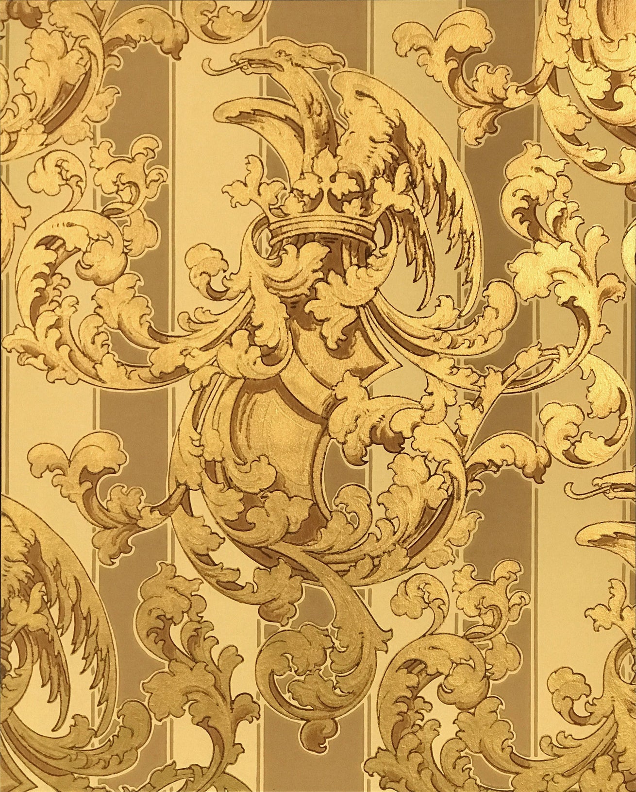 Shield, Crown and Griffin Amid Gilt Scrolls - Mounted Antique Wallpaper Panel