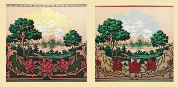 Scenic Mountain, Lake & Clouds Frieze-Diptych - Mounted Antique Wallpaper Panel-Sold