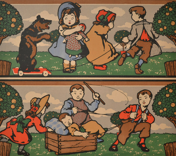 Double Border with Children Playing - Mounted Antique Wallpaper Panel