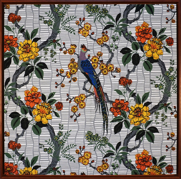Bird and Flowers - Framed Antique Wallpaper Art - Sold