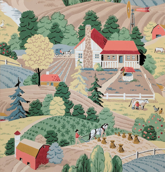 Farm Scene - Mounted Antique Wallpaper Panel - Sold