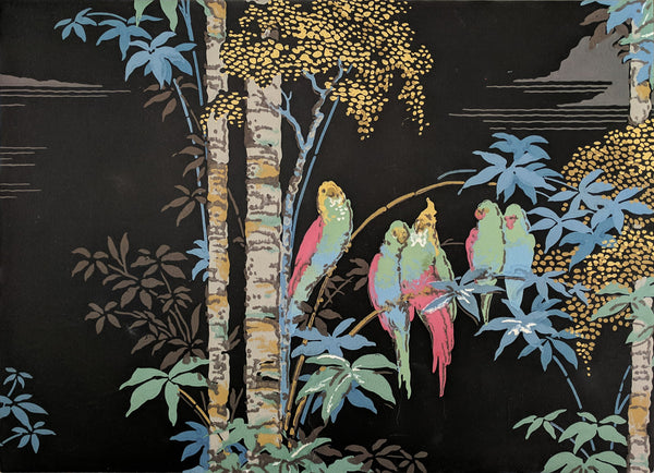 Parakeets in Palm Trees - Mounted Antique Wallpaper Panel
