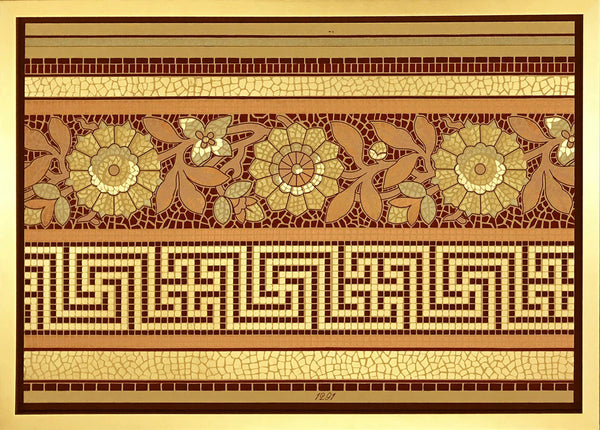 Greek Key and Floral Gilt Mosaic - Framed Antique Wallpaper Art - Sold