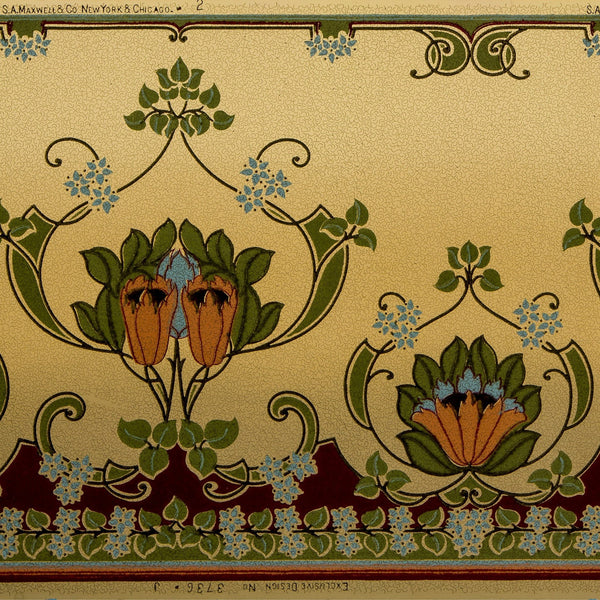 Stylized Floral Blended Frieze - Antique Wallpaper Remnant