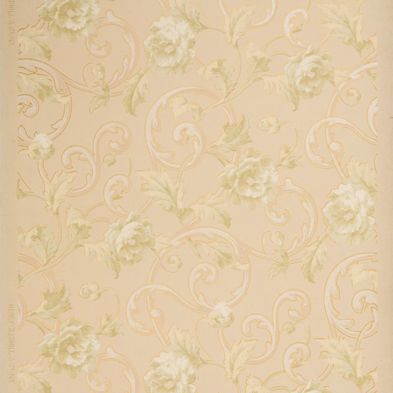 Pale Roses and Foliate Scrolls - Antique Wallpaper Remnant