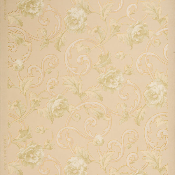 Pale Roses and Foliate Scrolls - Antique Wallpaper Remnant