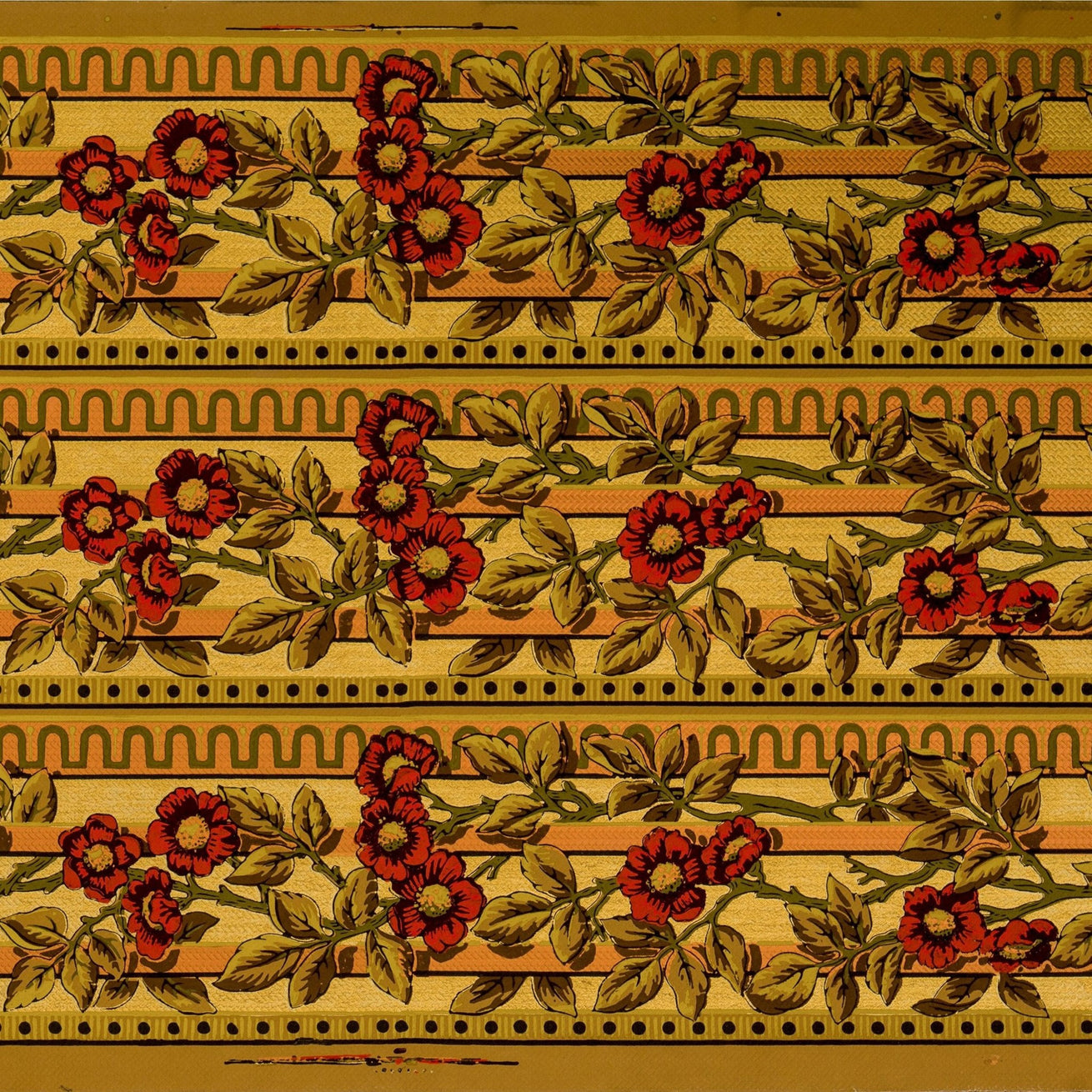 3-Band 6-1/8" Gilt Floral Border - Antique Wallpaper Remnant