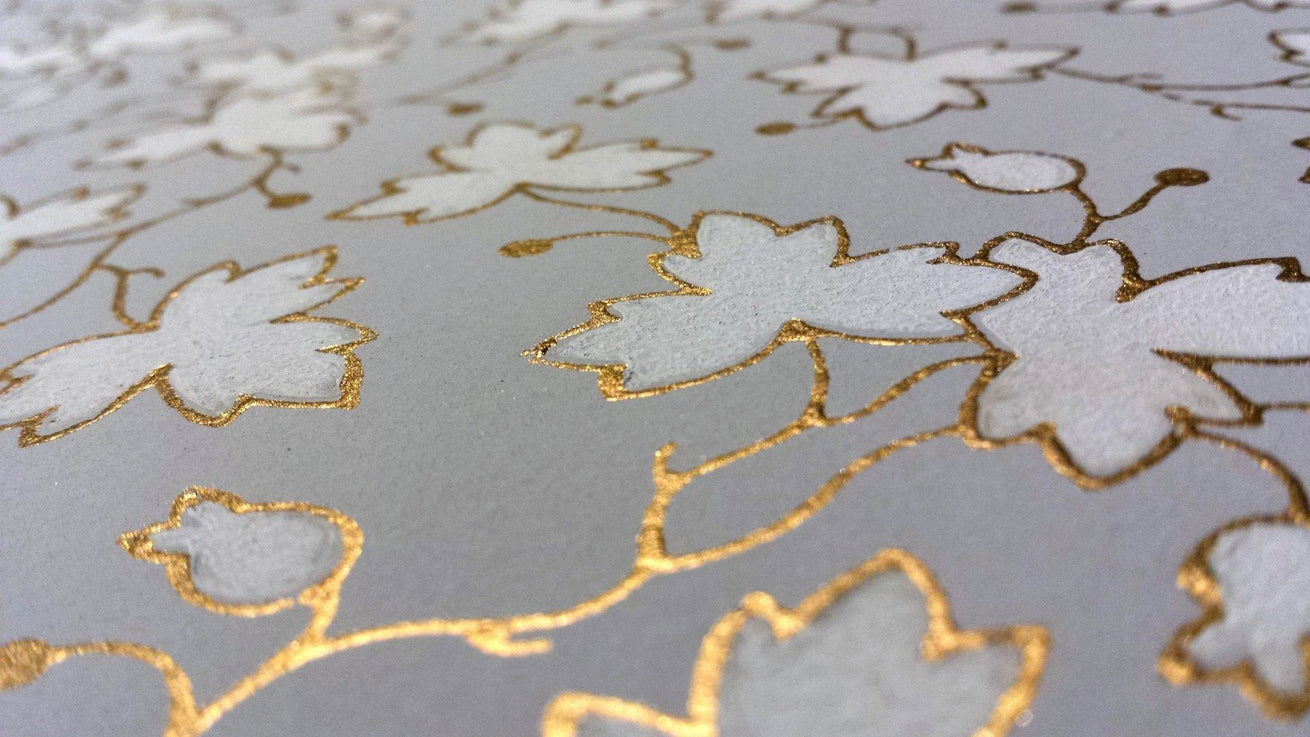 Small White Leaves with Gold Outlines - Antique Wallpaper Remnant