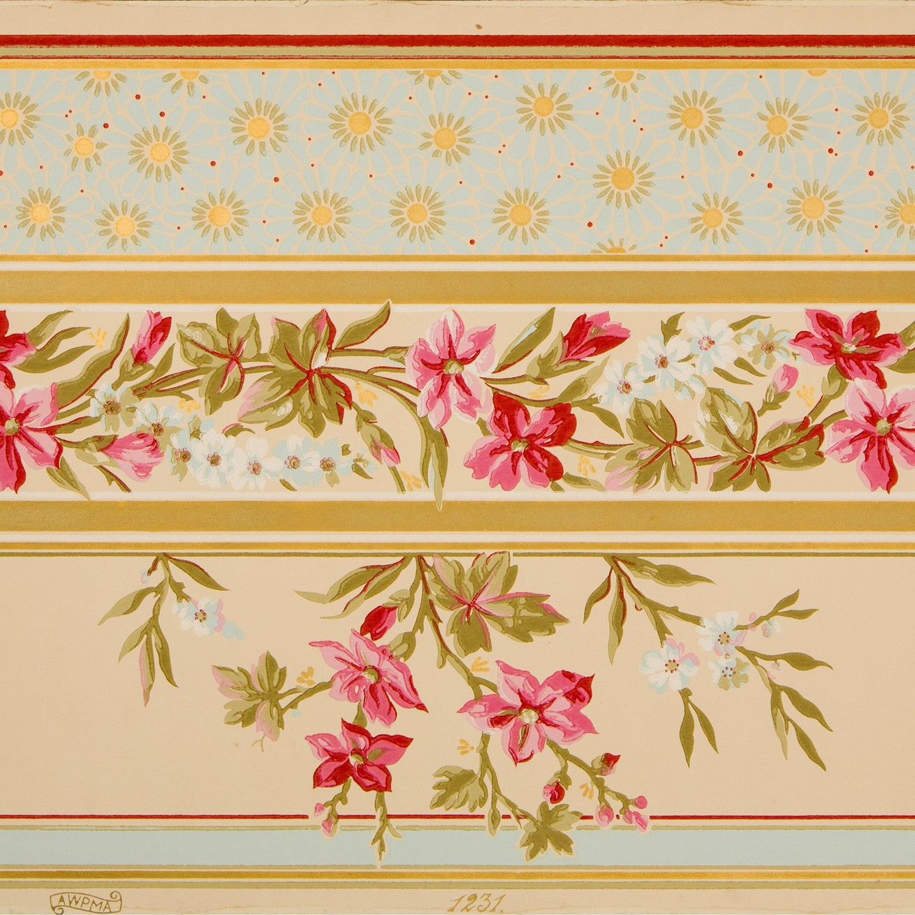 Asymmetric Gilt Floral Vine Border - Antique Wallpaper Remnant