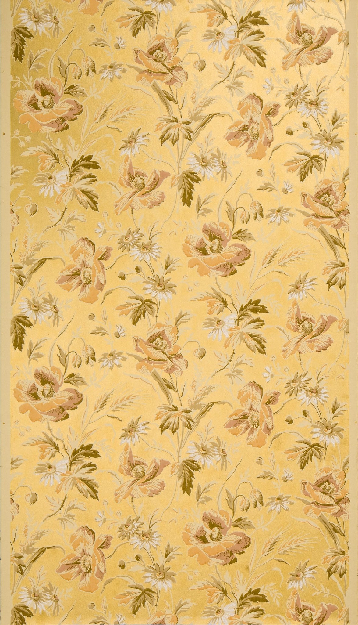 Poppies and Wheat on Gilt Background - Antique Wallpaper Remnant