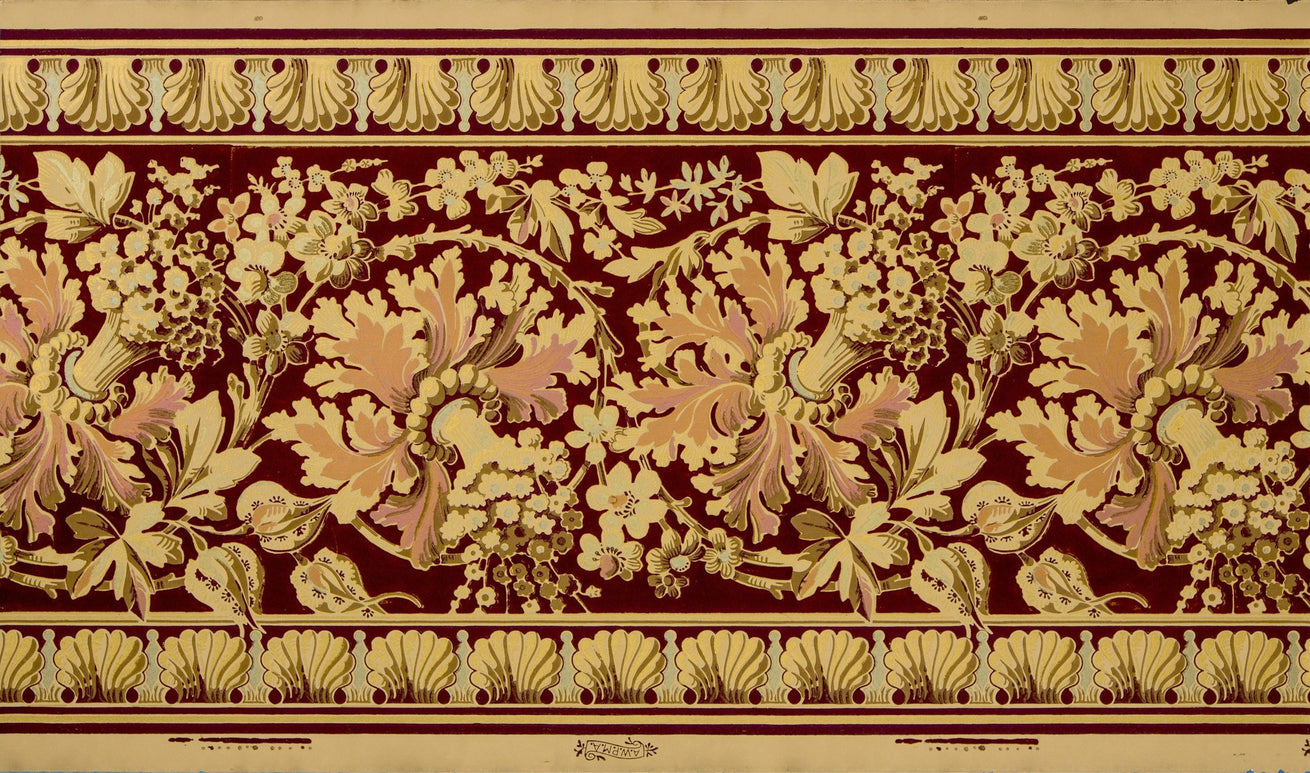 Flocked Metallic Floral/Foliate Border - Antique Wallpaper Remnant
