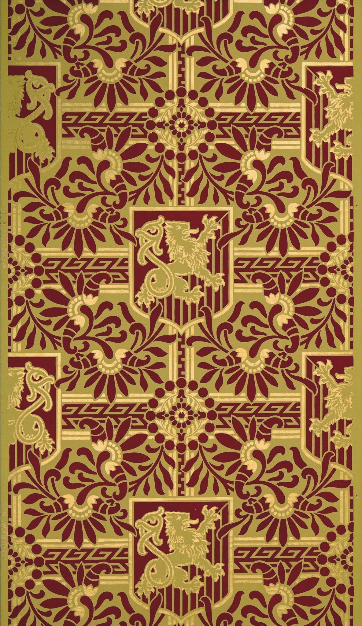 Heraldic with Gilt Rampant Lions - Antique Wallpaper Remnant