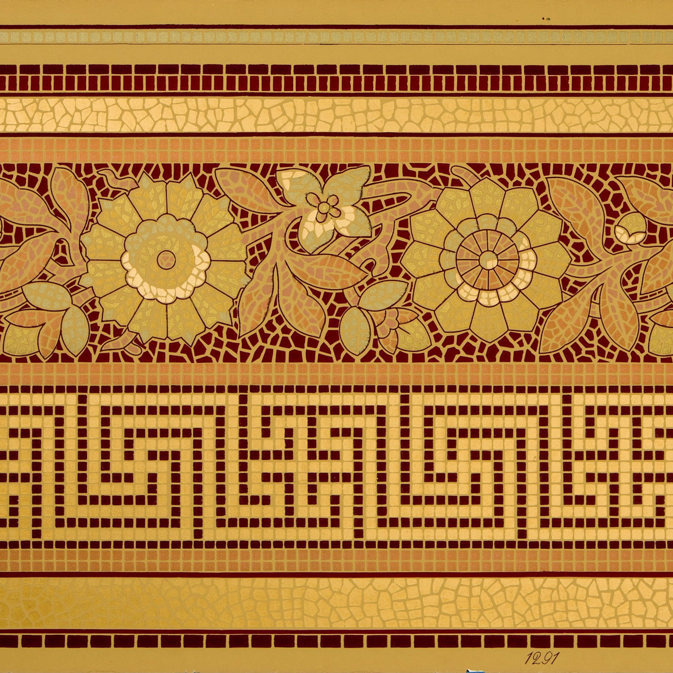 Greek Key and Floral Gilt Mosaic Border - Antique Wallpaper Remnant