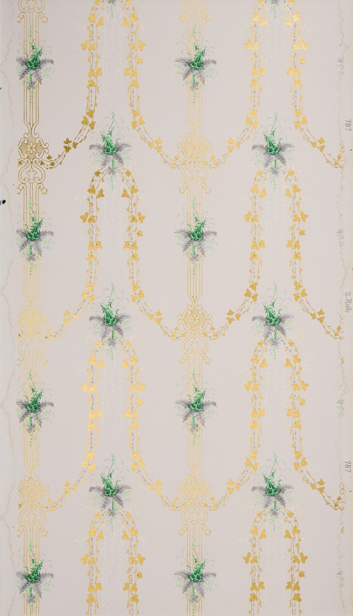 Delicate Foliate Sprays and Gilt Vines - Antique Wallpaper Remnant
