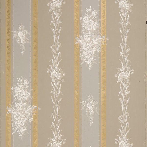Flowers and Wheat Stems on Gilt Stripes - Antique Wallpaper Remnant