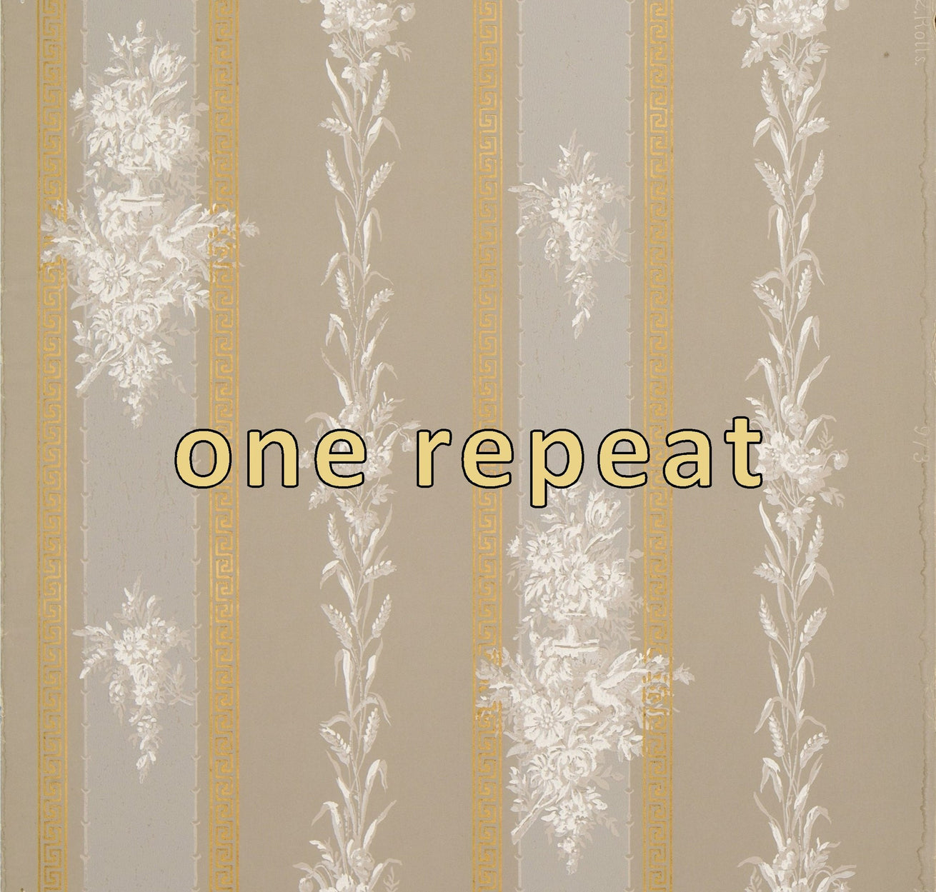 Flowers and Wheat Stems on Gilt Stripes - Antique Wallpaper Remnant