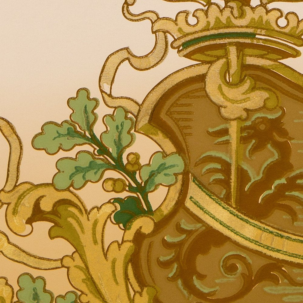 Heraldic Frieze with Shield and Leafy Scrolls - Antique Wallpaper Remnant