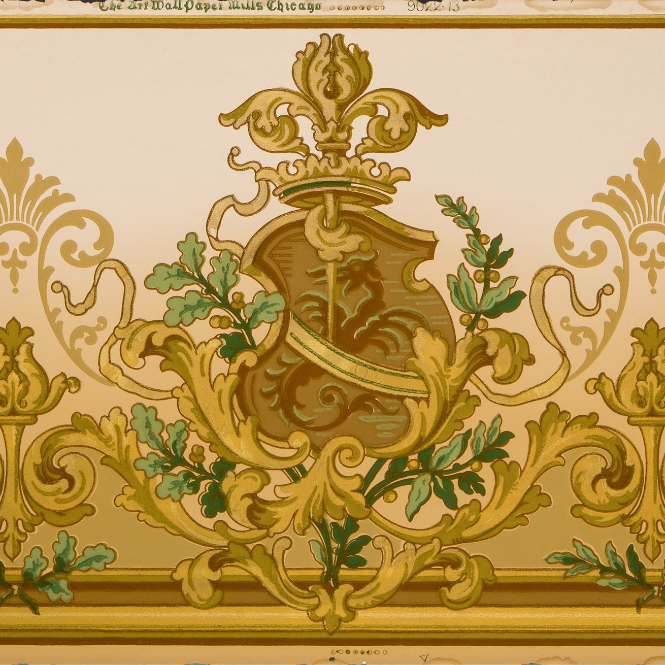 Heraldic Frieze with Shield and Leafy Scrolls - Antique Wallpaper Remnant