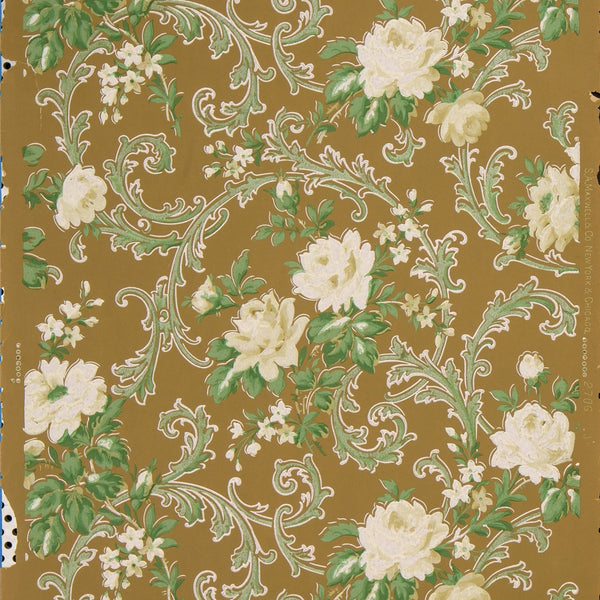 Flowers and Leaves Amid Foliate Scrolls - Antique Wallpaper Remnant