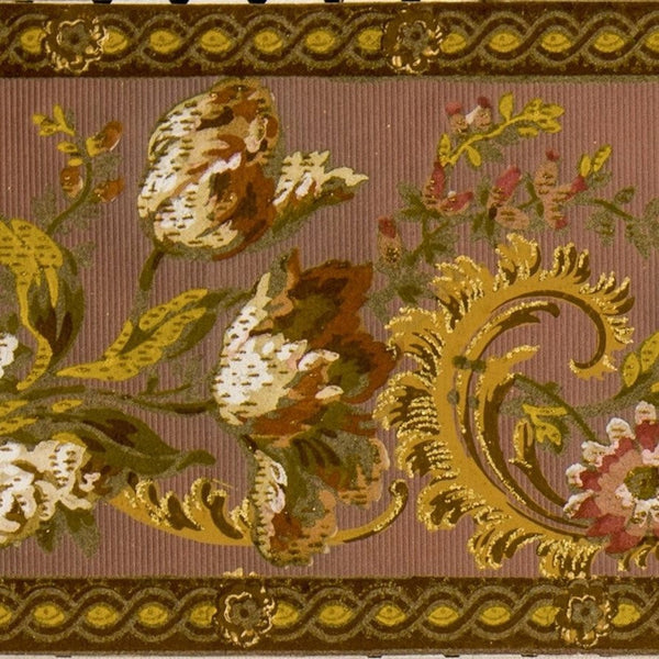7-1/4" Flocked Floral Border with Gold Flitter - Antique Wallpaper Roll