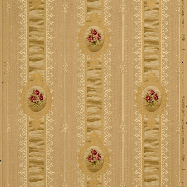 Small Rose Bouquets on Ruched Stripes - Antique Wallpaper Roll