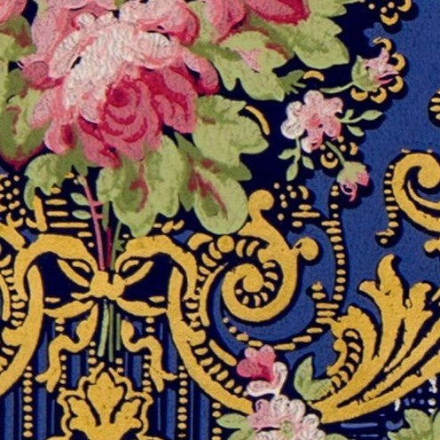 Roses in Bold Diamond Scroll Cartouches - Antique Wallpaper Remnant