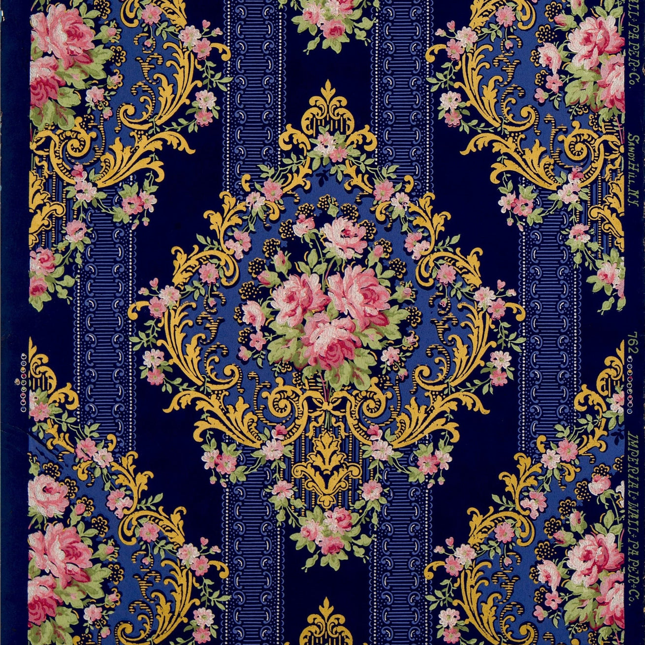 Roses in Bold Diamond Scroll Cartouches - Antique Wallpaper Remnant