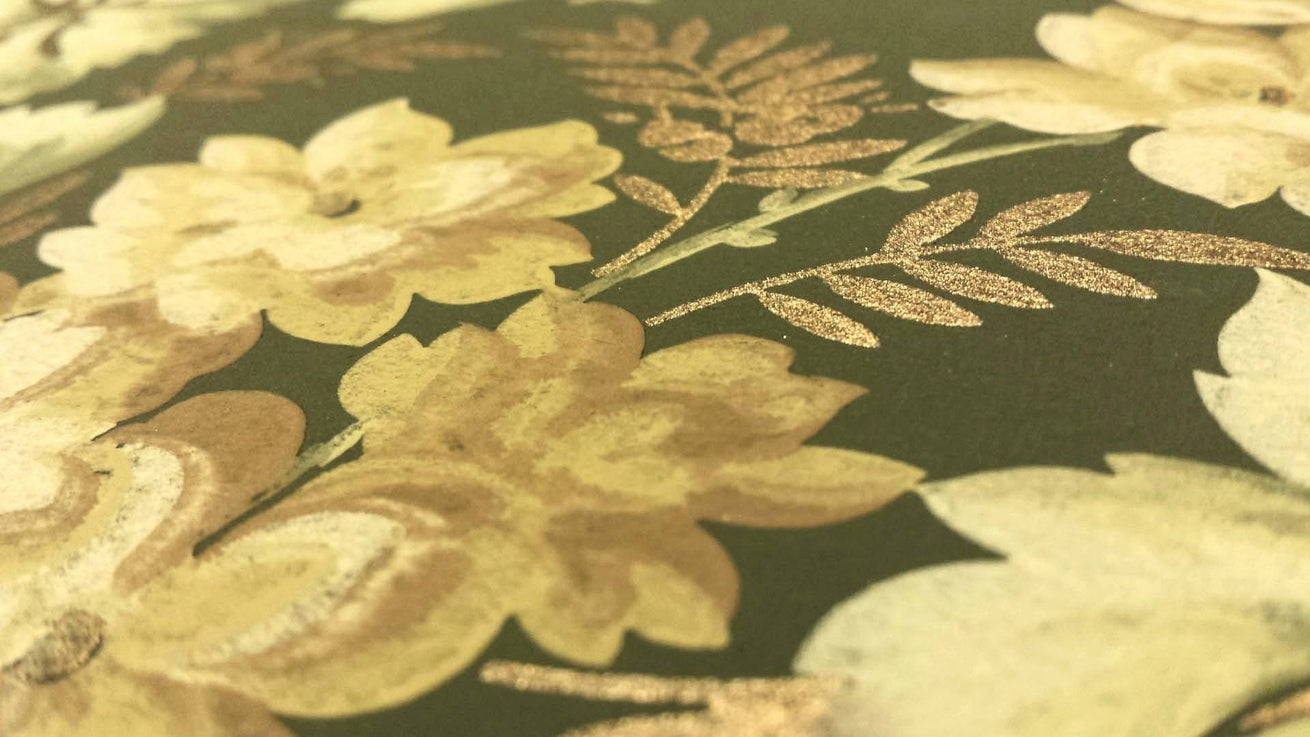 Flower Clusters Amid Gilt Foliate Sprigs - Antique Wallpaper Remnant