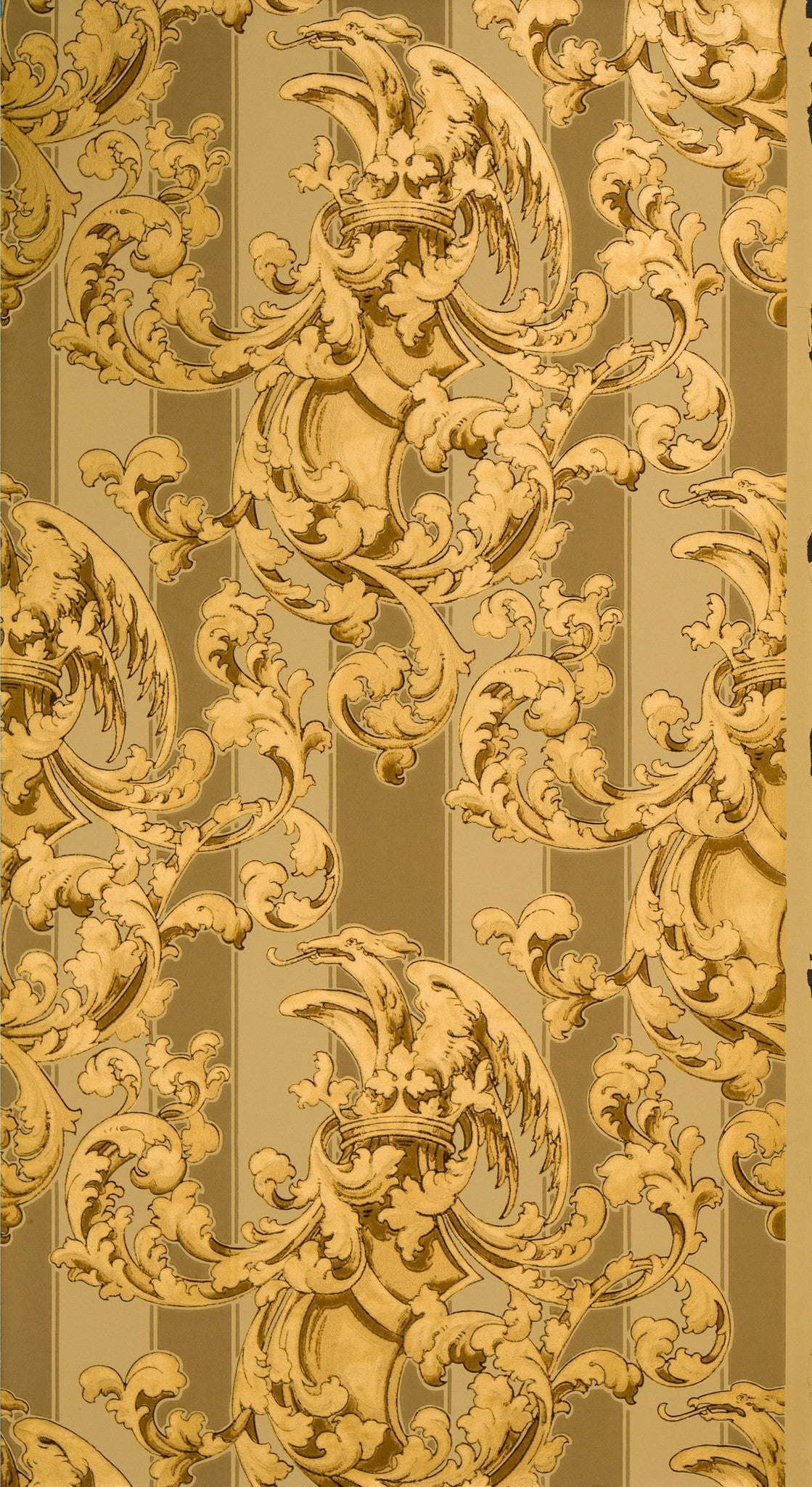 Shield, Crown and Griffin Amid Gilt Scrolls - Antique Wallpaper Remnant - SOLD OUT