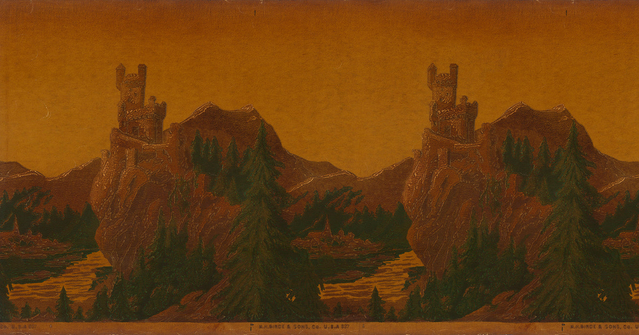 "Castles on the Rhine" - Small Castle on Gold Ground - Antique Wallpaper Remnant