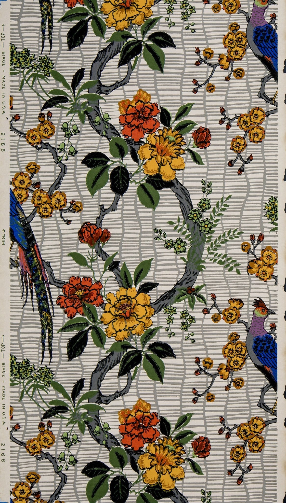 Feathered Bird Amid Flowering Vines - Antique Wallpaper Remnant
