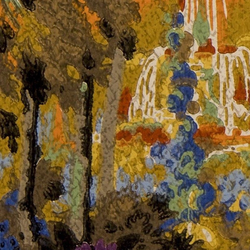 Fiery Fountain View Through Dense Foliage - Antique Wallpaper Remnant