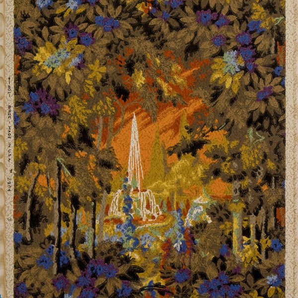 Fiery Fountain View Through Dense Foliage - Antique Wallpaper Remnant