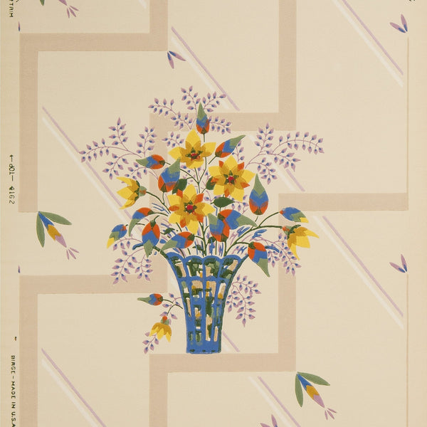 Stylized Floral Basket on Stepped Background - Antique Wallpaper Remnant