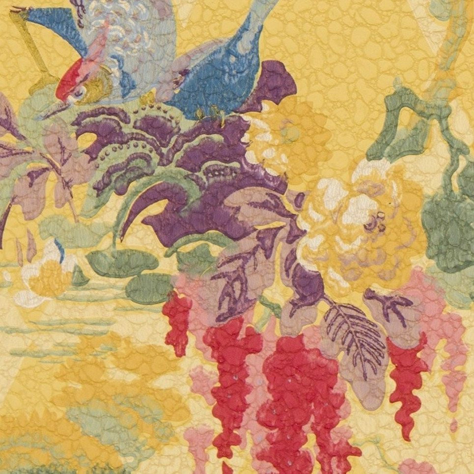 Exotic Birds/Flowers, Gilt Sun, Harlequin Motif - Antique Wallpaper Remnant