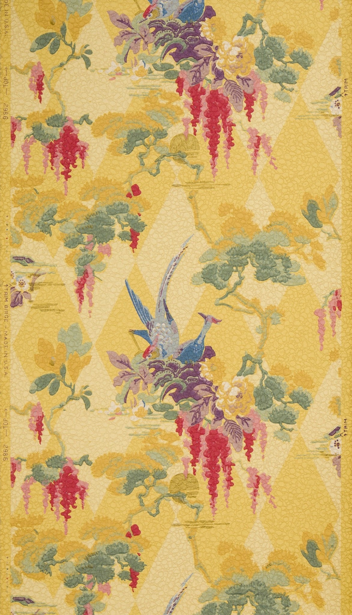 Exotic Birds/Flowers, Gilt Sun, Harlequin Motif - Antique Wallpaper Remnant