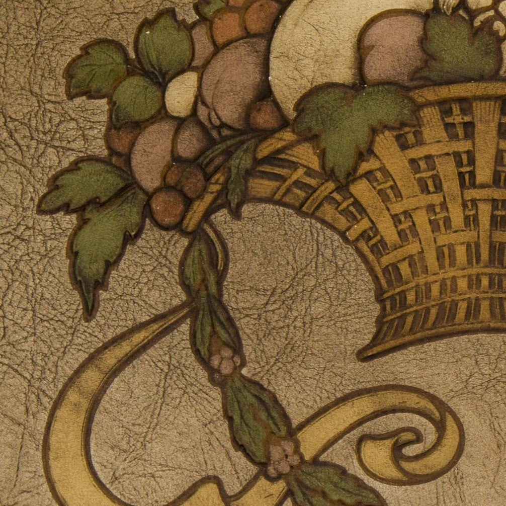 Embossed Fruit Basket Ornament on Leather - Antique Wallpaper Remnant