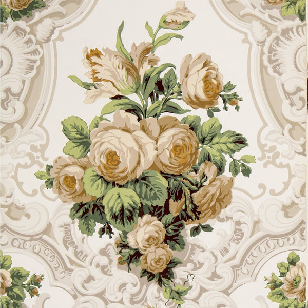 Large Rose Bouquets in Rococo Scrolls - Antique Wallpaper Remnant